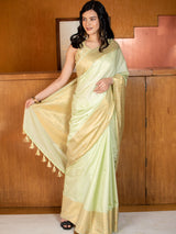 Banarasi  Soft Cotton Plain Saree With Zari Border-Green