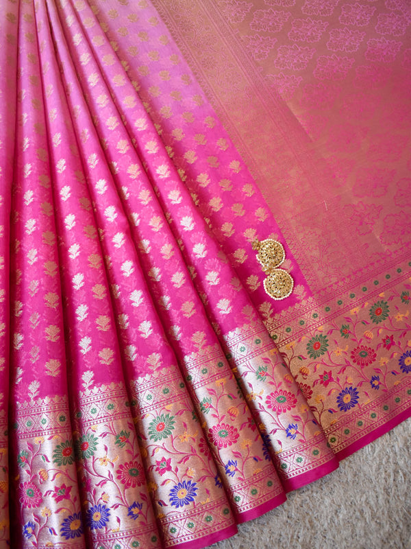 Banarasi Kora Saree With Zari Weaving & Contrast Meena Border-Pink