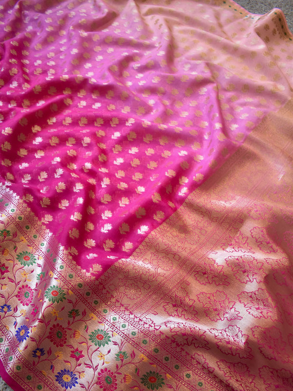 Banarasi Kora Saree With Zari Weaving & Contrast Meena Border-Pink