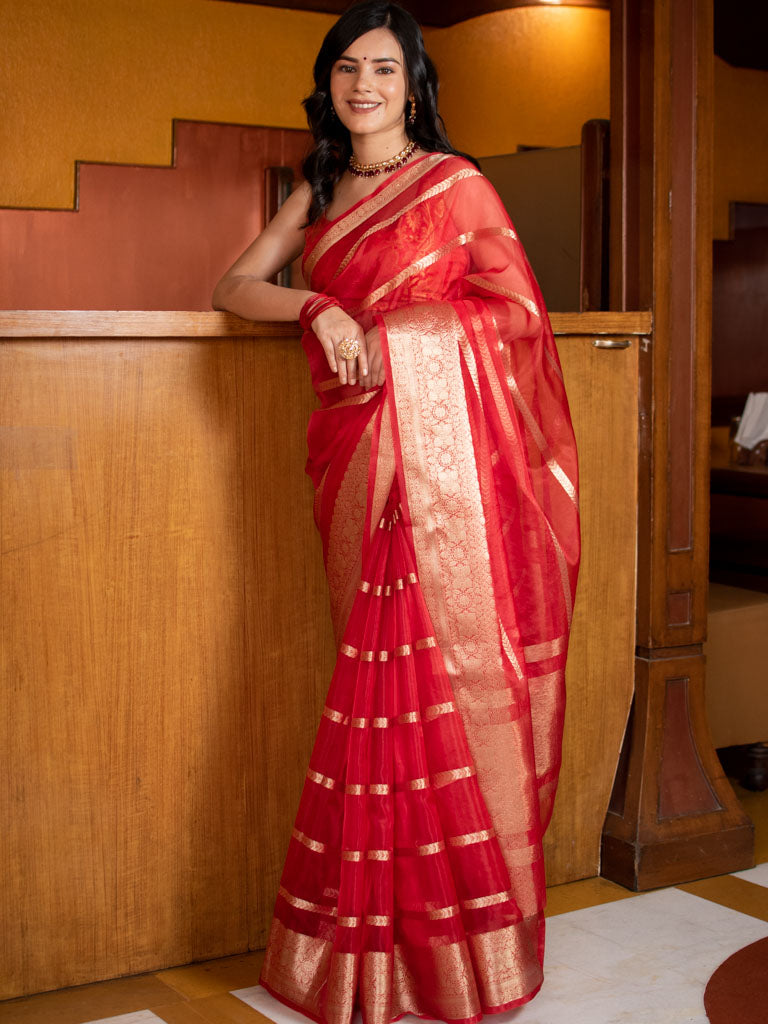 Banarasi organza Saree With Zari Weaving-Red