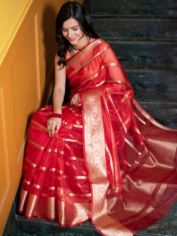 Banarasi organza Saree With Zari Weaving-Red
