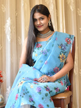 Floral Printed Organza Salwar Kameez Material & Dupatta-Blue
