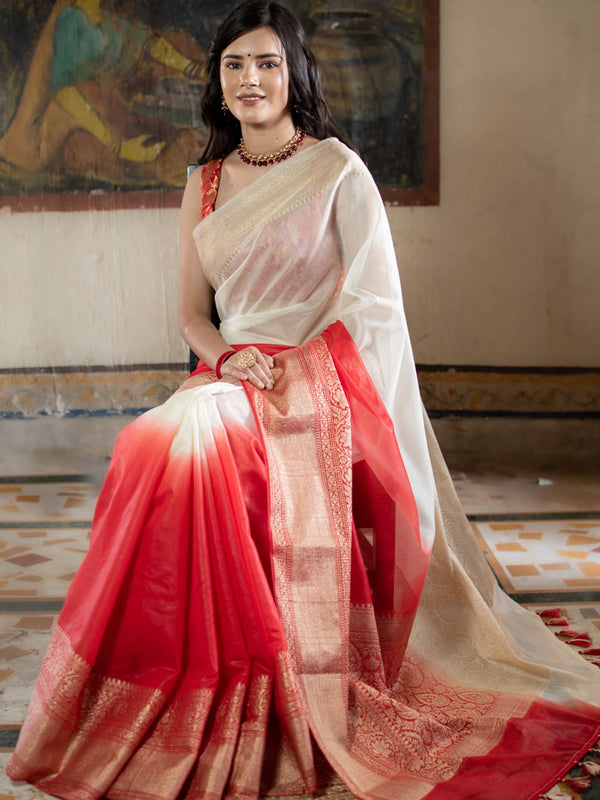 Banarasi Dual Shade Soft Cotton Plain Saree With Zari Border-White & Red