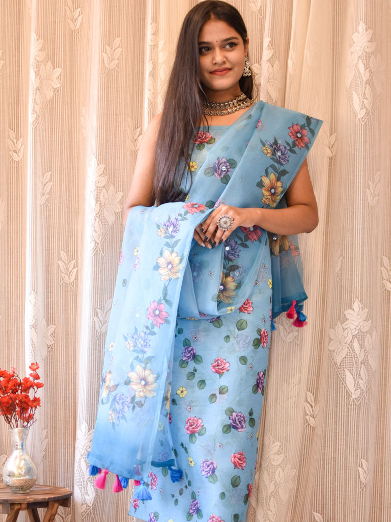 Floral Printed Organza Salwar Kameez Material & Dupatta-Blue