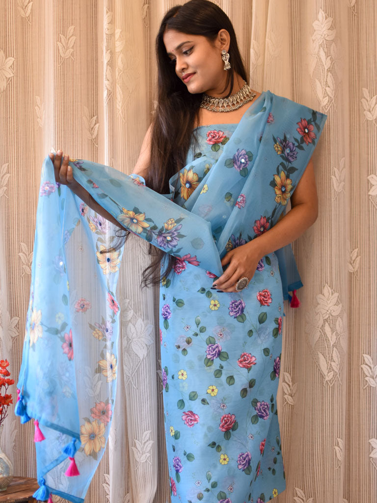 Floral Printed Organza Salwar Kameez Material & Dupatta-Blue