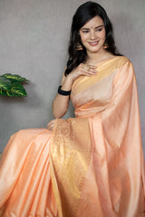 Banarasi  Soft Cotton Plain Saree With Zari Border-Peach