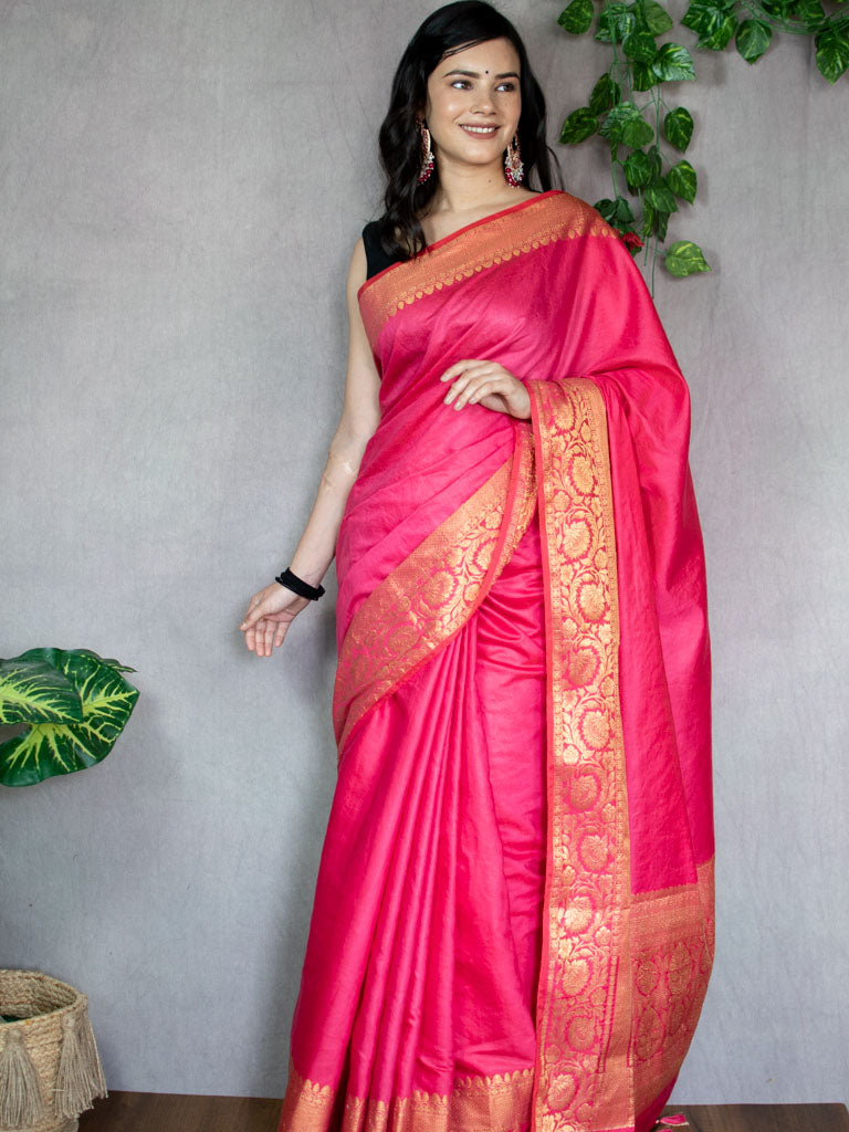 Banarasi  Soft Cotton Plain Saree With Zari Border-Pink