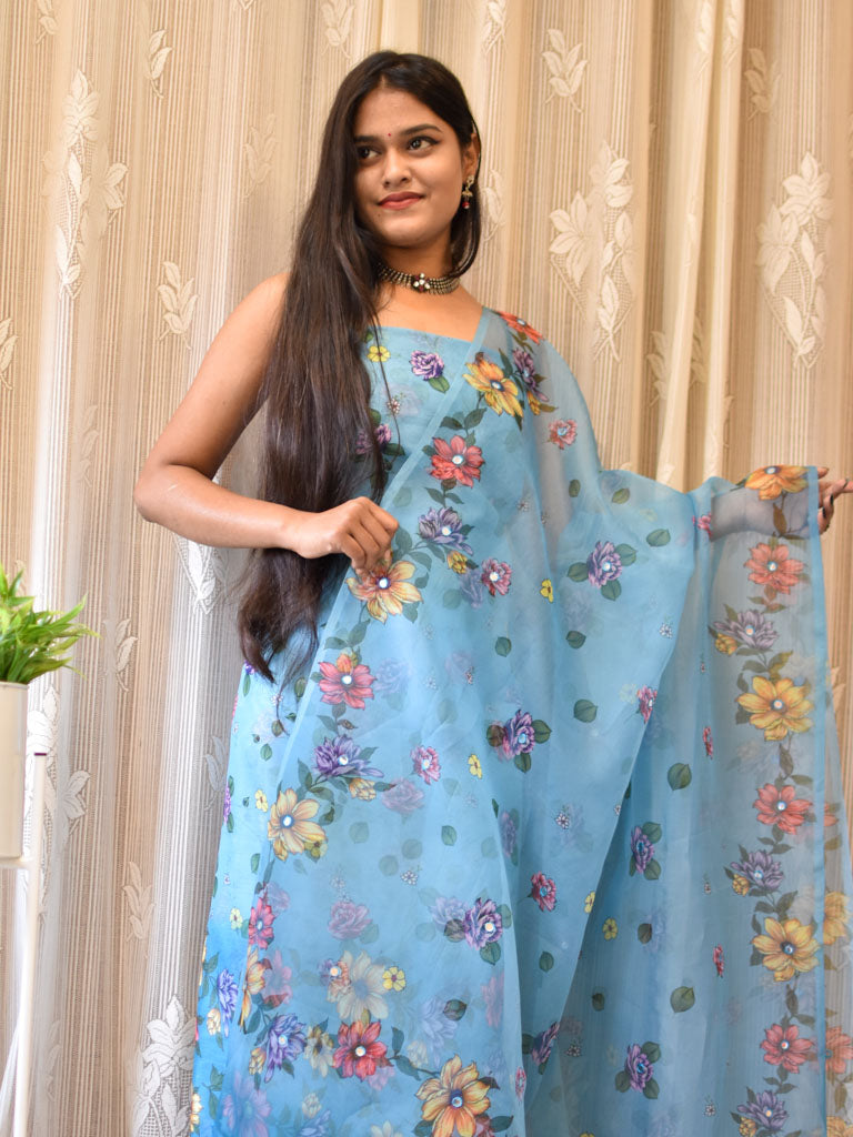 Floral Printed Organza Salwar Kameez Material & Dupatta-Blue