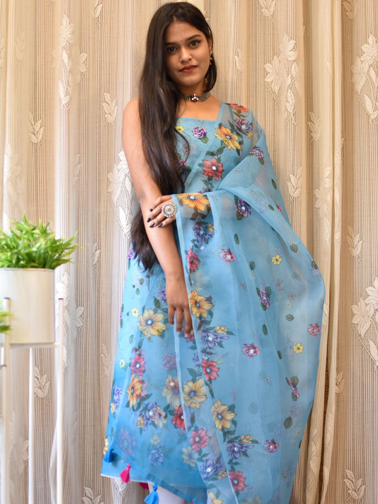 Floral Printed Organza Salwar Kameez Material & Dupatta-Blue