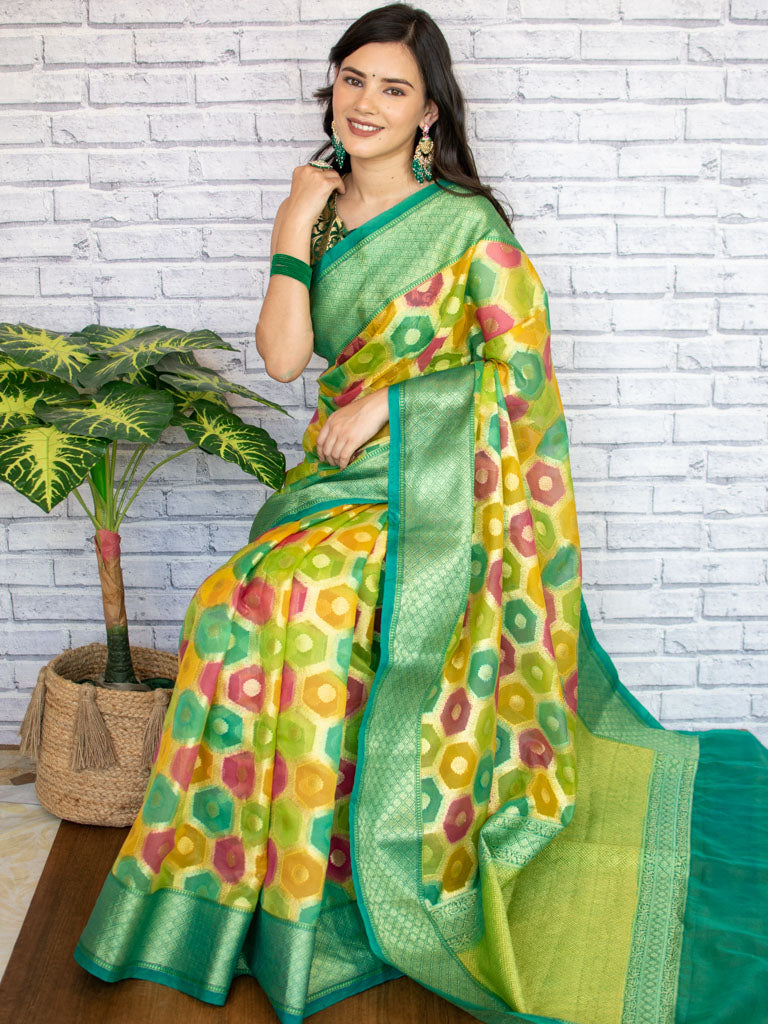 Banarasi Multicoloured Dyed Organza Saree With Zari Weaving-Green