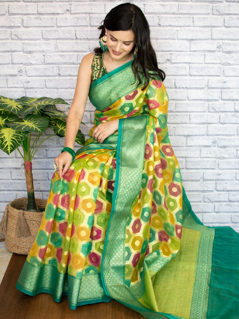 Banarasi Multicoloured Dyed Organza Saree With Zari Weaving-Green