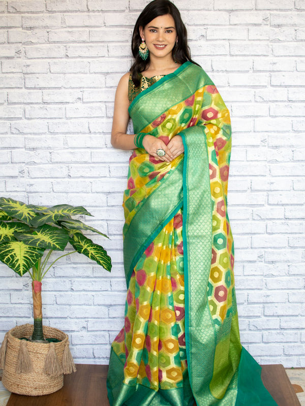 Banarasi Multicoloured Dyed Organza Saree With Zari Weaving-Green