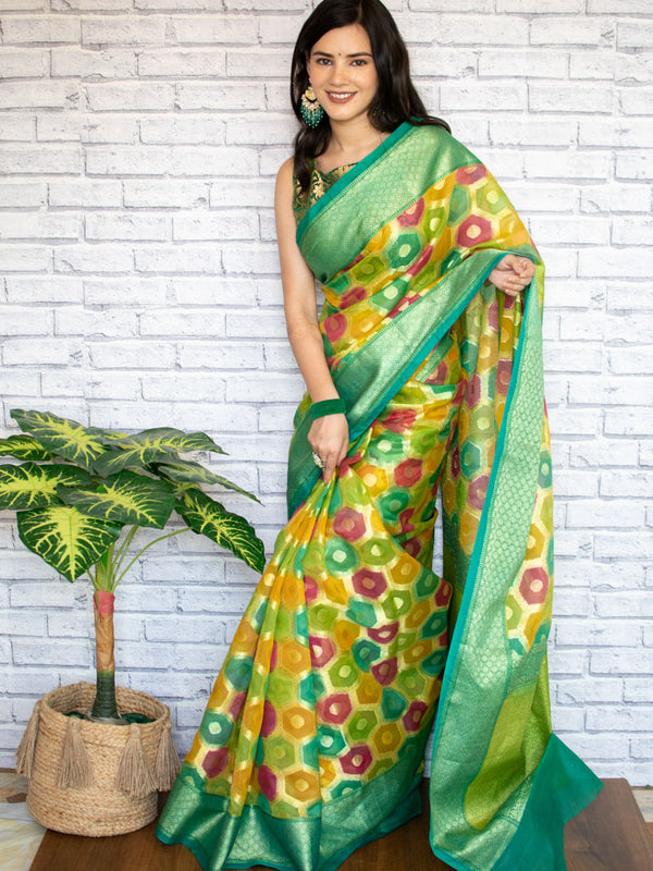Banarasi Multicoloured Dyed Organza Saree With Zari Weaving-Green