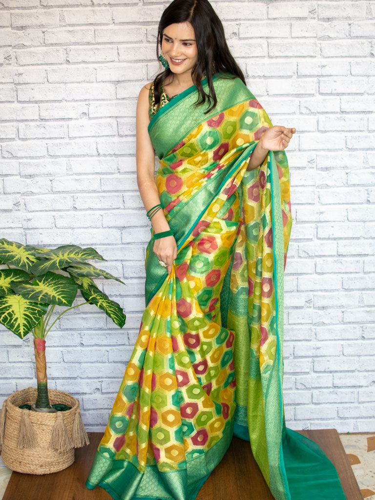 Banarasi Multicoloured Dyed Organza Saree With Zari Weaving-Green