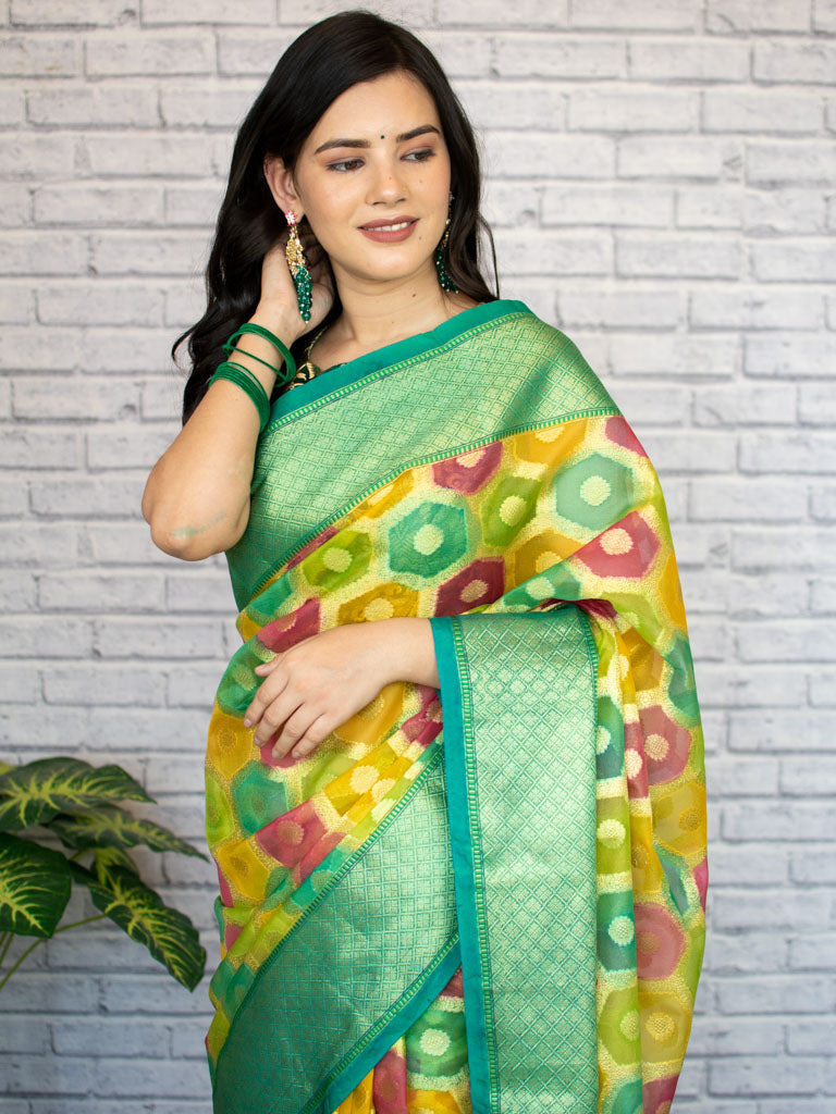 Banarasi Multicoloured Dyed Organza Saree With Zari Weaving-Green