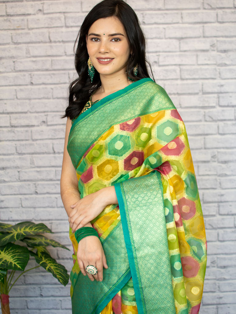 Banarasi Multicoloured Dyed Organza Saree With Zari Weaving-Green