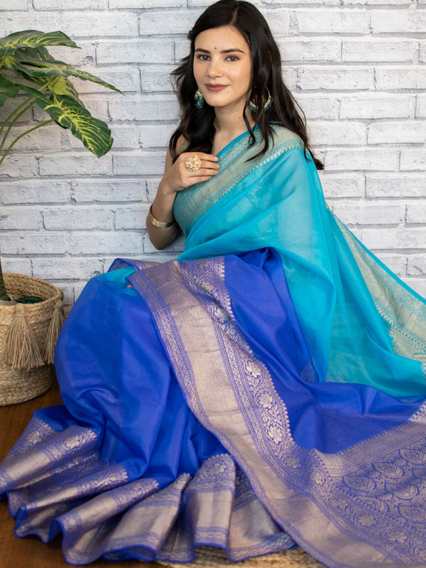 Banarasi Dual Shade Soft Cotton Plain Saree With Zari Border-Blue