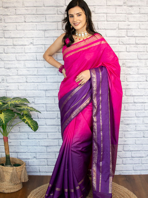 Banarasi Dual Shade Soft Cotton Plain Saree With Zari Border-Pink & Purple