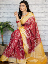 Banarasi Kora Saree With Jaal Weaving & Contrast Border-Red