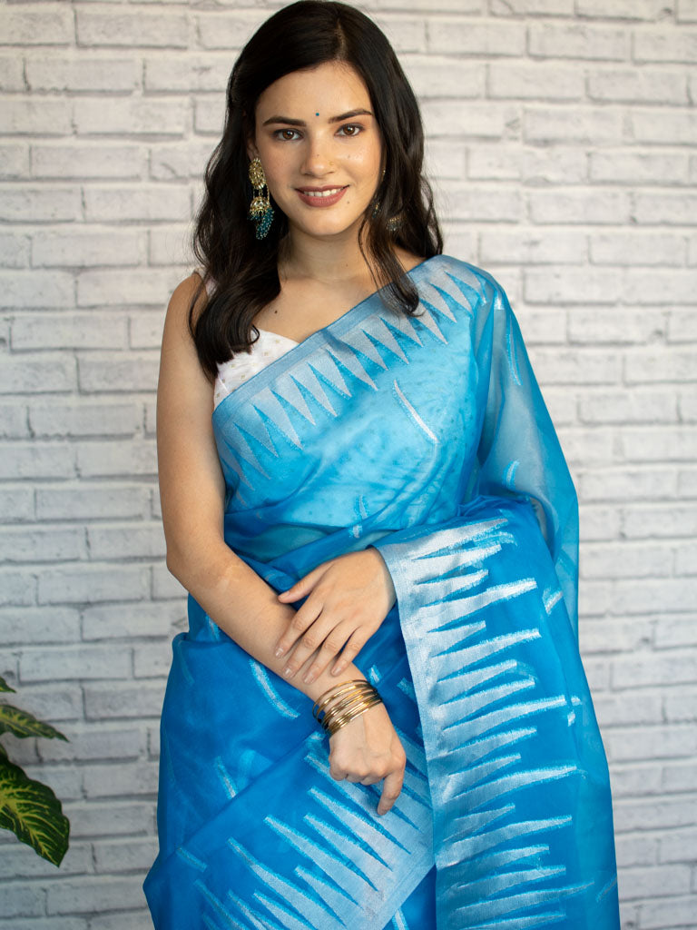 Banarasi  Dual Shade Organza Saree With Silver Zari Border-Blue