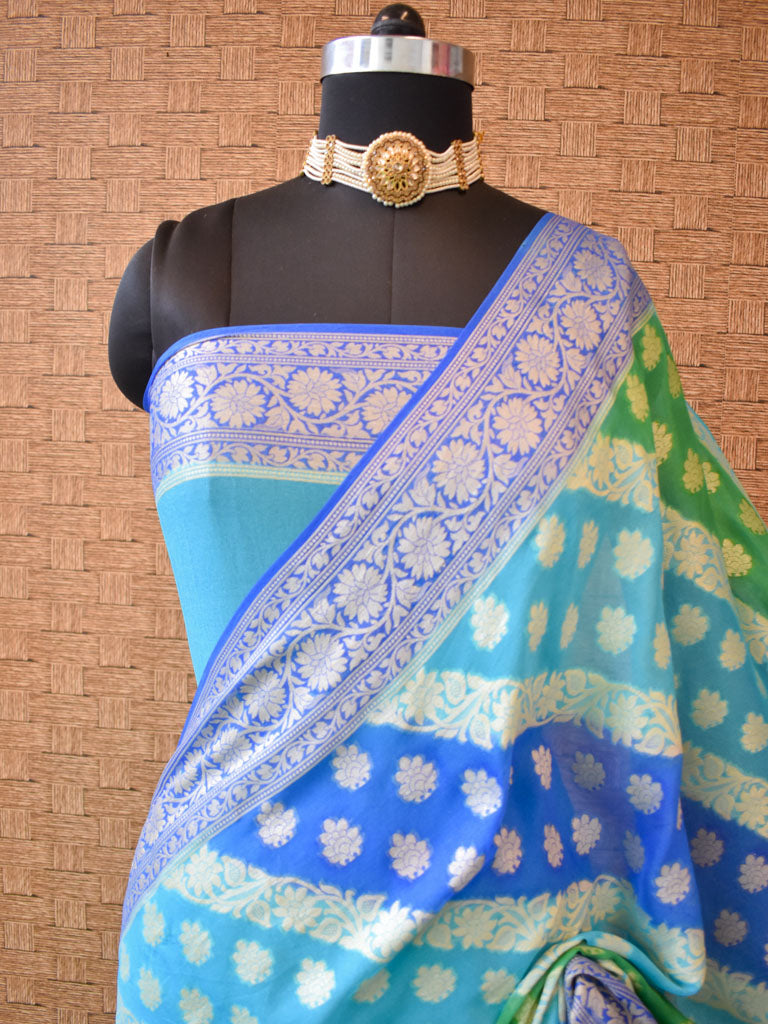 Banarasi Pure Georgette Saree With Handpaint & Resham Buta Weaving-Blue