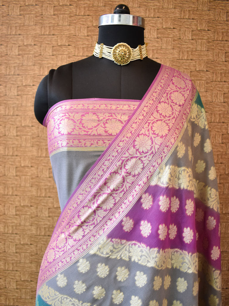 Banarasi Pure Georgette Saree With Handpaint & Resham Buta Weaving-Purple & Grey