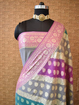 Banarasi Pure Georgette Saree With Handpaint & Resham Buta Weaving-Purple & Grey