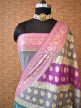 Banarasi Pure Georgette Saree With Handpaint & Resham Buta Weaving-Purple & Grey
