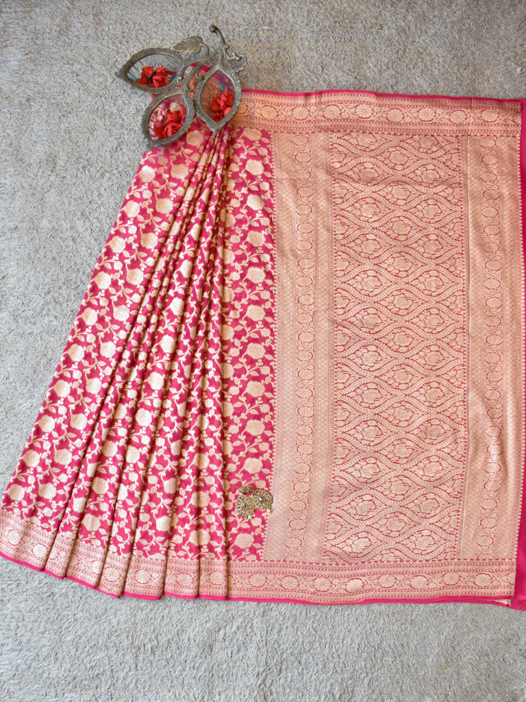 Banarasi Pure Khaddi Georgette Saree With Jaal Zari Weaving-Strawberry Pink