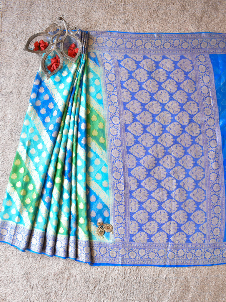 Banarasi Pure Georgette Saree With Handpaint & Resham Buta Weaving-Blue