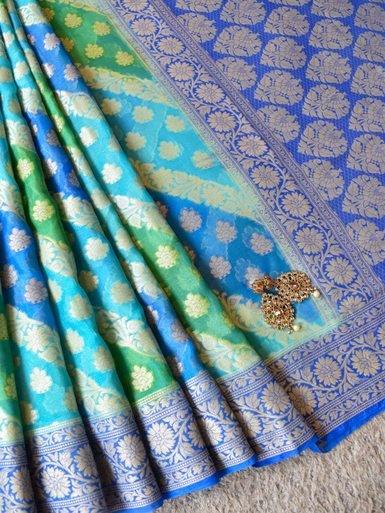 Banarasi Pure Georgette Saree With Handpaint & Resham Buta Weaving-Blue