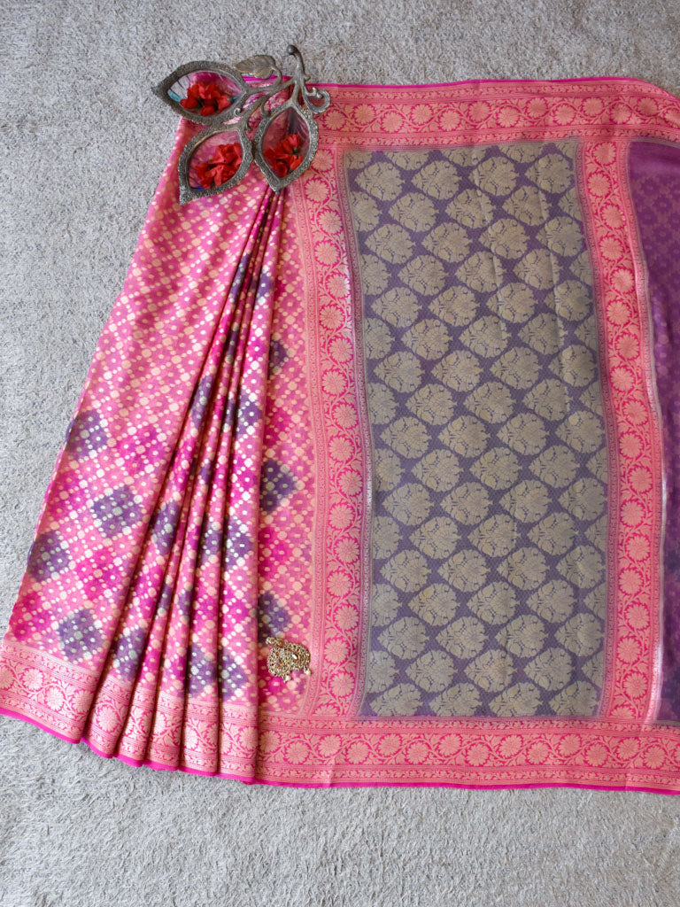 Banarasi Pure Georgette Saree With Handpaint & Resham Buta Weaving-Pink