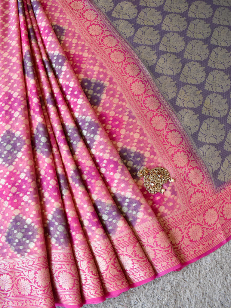 Banarasi Pure Georgette Saree With Handpaint & Resham Buta Weaving-Pink