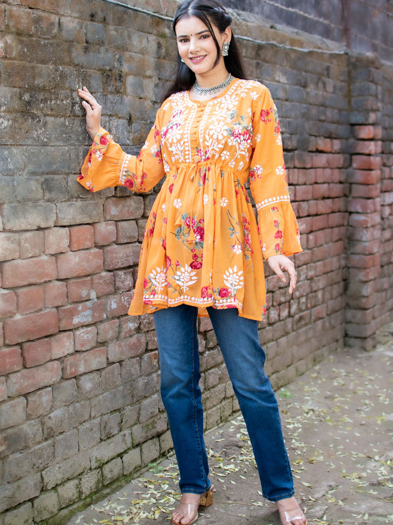 Readymade Chikankari Short Floral Print Georgette Kurti-Orange