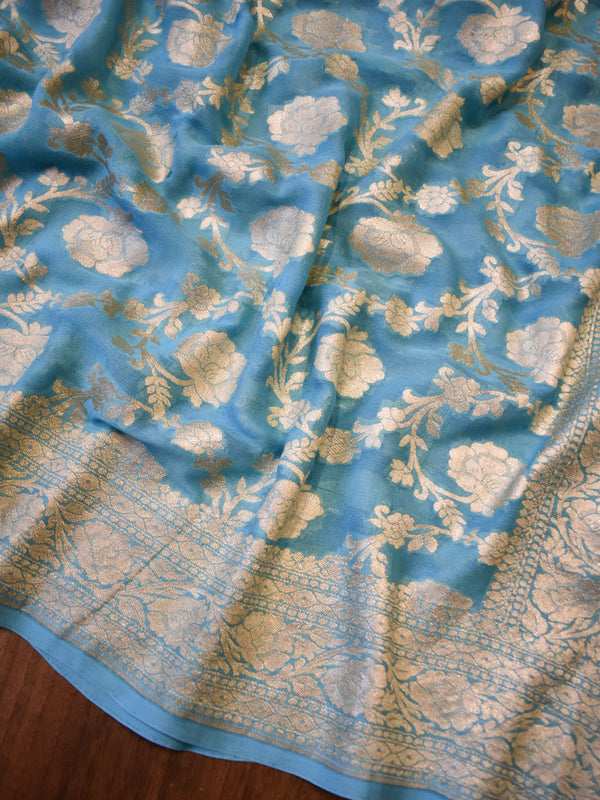 Banarasi Pure Khaddi Georgette Saree With Jaal Zari Weaving-Blue
