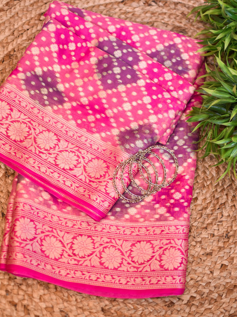 Banarasi Pure Georgette Saree With Handpaint & Resham Buta Weaving-Pink