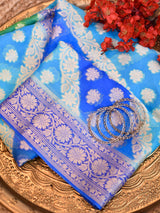 Banarasi Pure Georgette Saree With Handpaint & Resham Buta Weaving-Blue