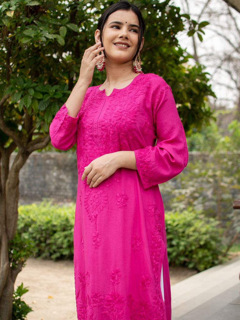 Readymade Heavy Chikankari Rayon Kurti-Pink