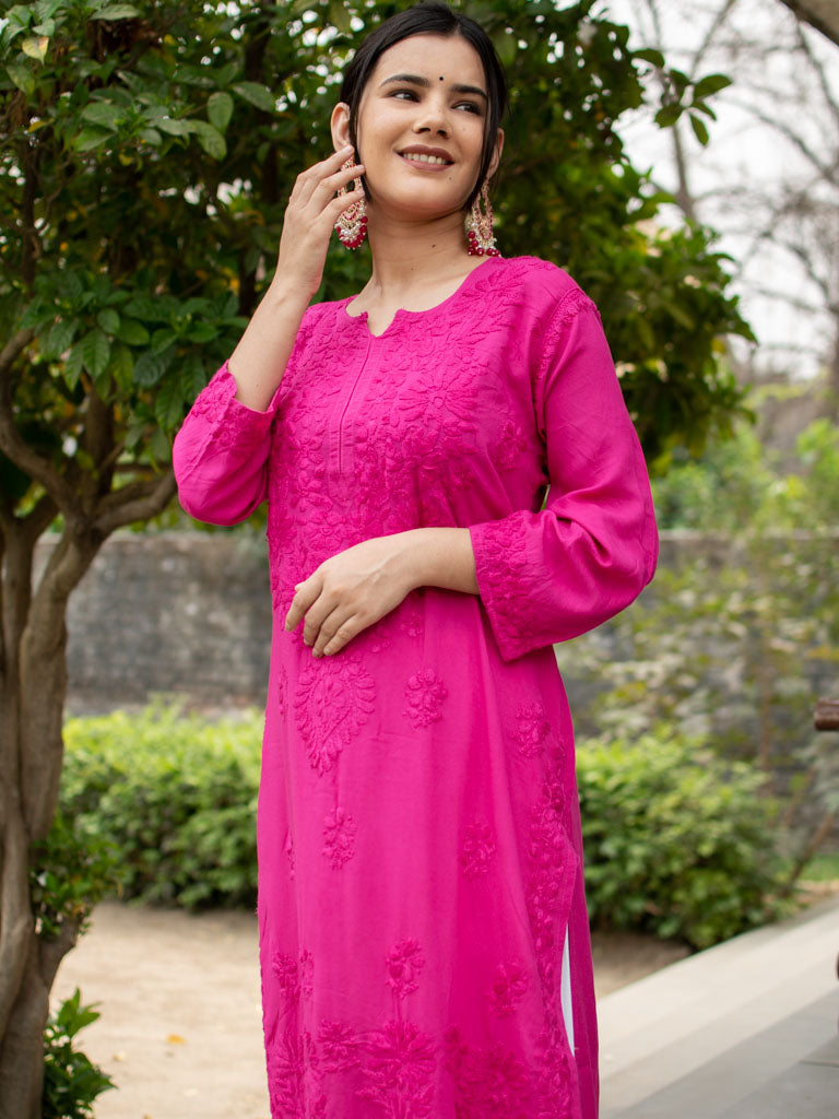 Buy Deep Pink Rose Boti Lucknowi Chikankari Party Wear Cotton Kurti Online  at Kiko Clothing