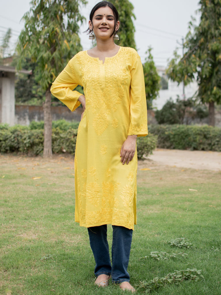 Readymade Heavy Chikankari Rayon Kurti-Yellow