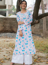 Readymade Chikankari Floral Print Mulmul Kurti-Pink