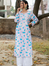 Readymade Chikankari Floral Print Mulmul Kurti-Pink