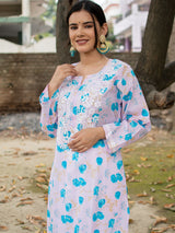 Readymade Chikankari Floral Print Mulmul Kurti-Pink