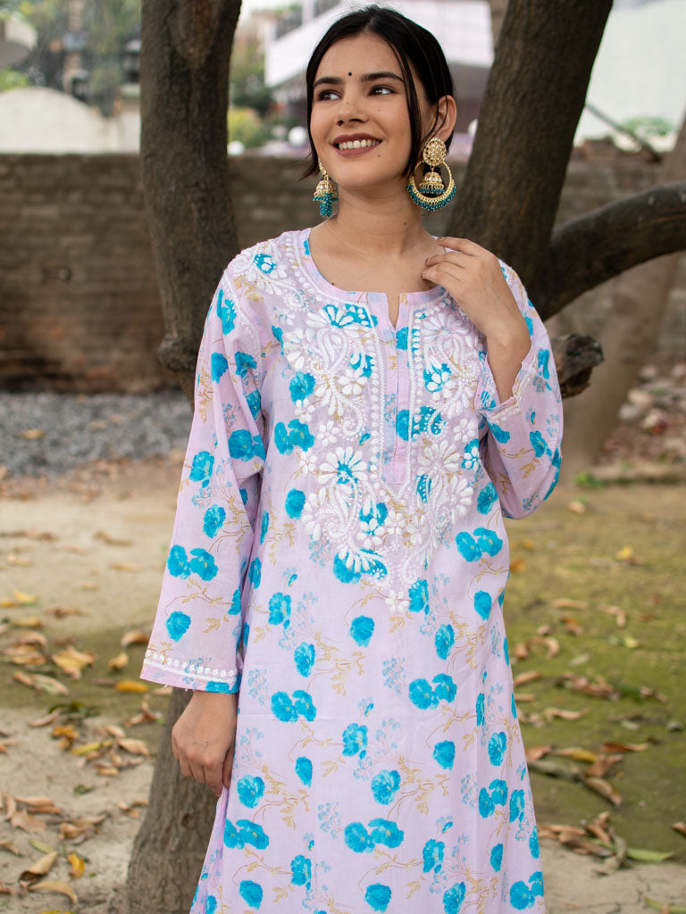 Readymade Chikankari Floral Print Mulmul Kurti-Pink