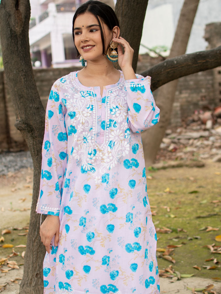 Readymade Chikankari Floral Print Mulmul Kurti-Pink