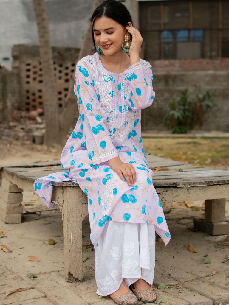 Readymade Chikankari Floral Print Mulmul Kurti-Pink