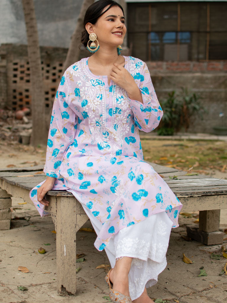 Readymade Chikankari Floral Print Mulmul Kurti-Pink