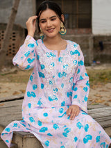 Readymade Chikankari Floral Print Mulmul Kurti-Pink