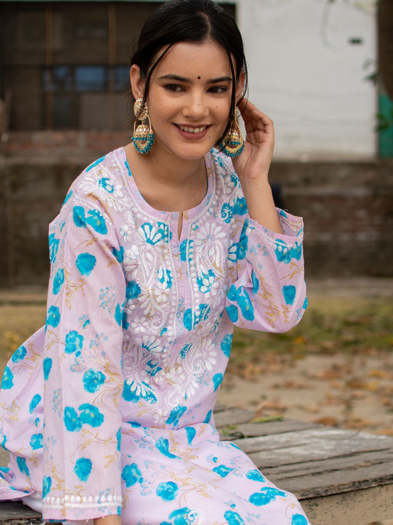 Readymade Chikankari Floral Print Mulmul Kurti-Pink