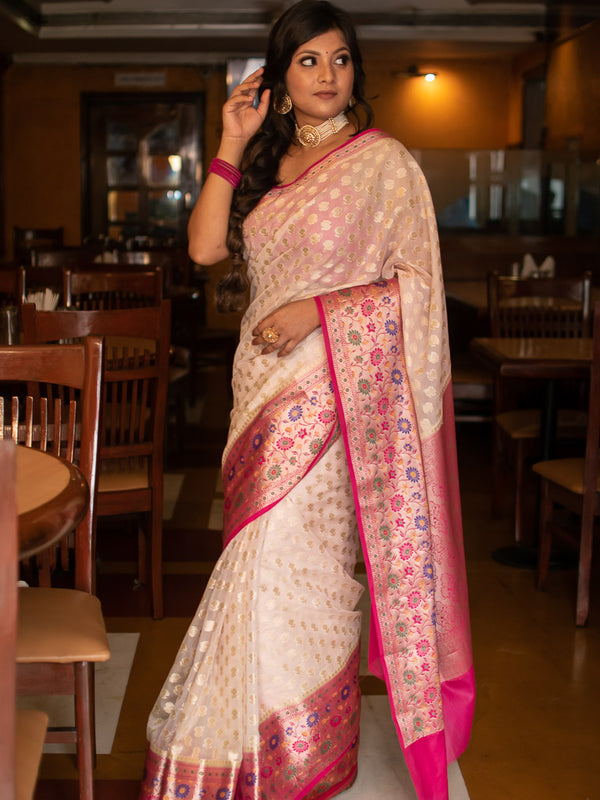 Banarasi Kora Saree With Zari Weaving & Contrast Meena Border-Off White